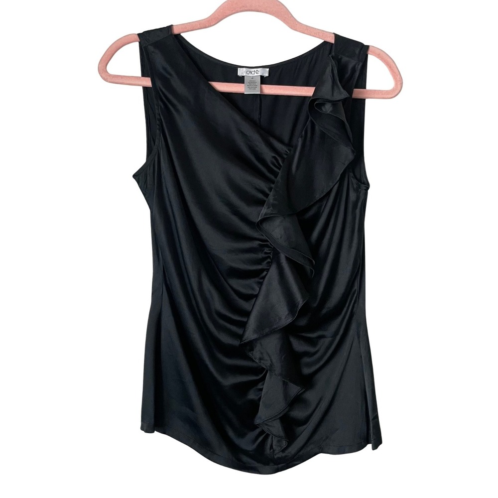 Cache Top Womens Medium Black Silk Ruffle Front Ruched Tank Blouse Quiet Luxury